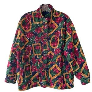 Vtg 80s 90s Funky Floral Oversized Bomber Jacket Sz 14 Lg XL Statement Festival